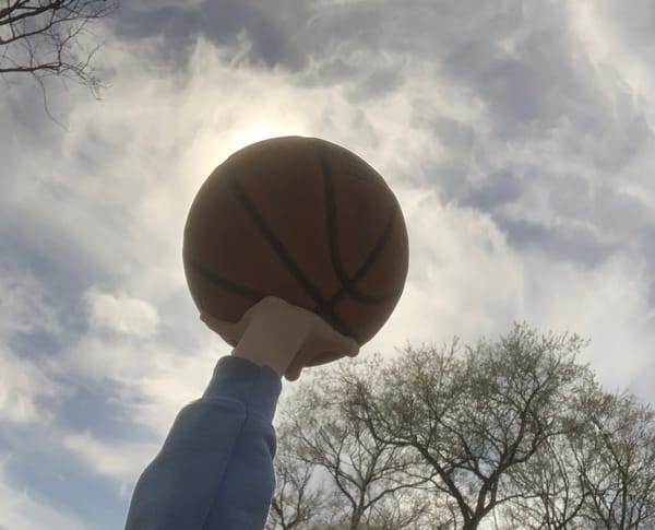 A basketball held up to the sky, blocking the sun