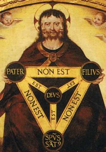 A Jesus-looking figure in with three faces, in the back, some baby-angel heads on either side, Cropped to show words PATER, FILIVS, DEVS, with bridges between those words labelled NON EST and EST