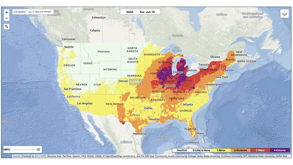 Risk of Heat-Related Impacts Green 0 Little to no risk from expected heat. Yellow 1	Minor - This level of heat affects primarily those individuals extremely sensitive to heat, especially when outdoors without effective cooling and/or adequate hydration. Orange 2	Moderate - This level of heat affects most individuals sensitive to heat, especially those without effective cooling and/or adequate hydration. Impacts possible in some health systems and in heat-sensitive industries. Red 3	Major - This level of heat affects anyone without effective cooling and/or adequate hydration. Impacts likely in some health systems, heat-sensitive industries and infrastructure. Magenta 4	Extreme - This level of rare and/or long-duration extreme heat with little to no overnight relief affects anyone without effective cooling and/or adequate hydration. Impacts likely in most health systems, heat-sensitive industries and infrastructure.