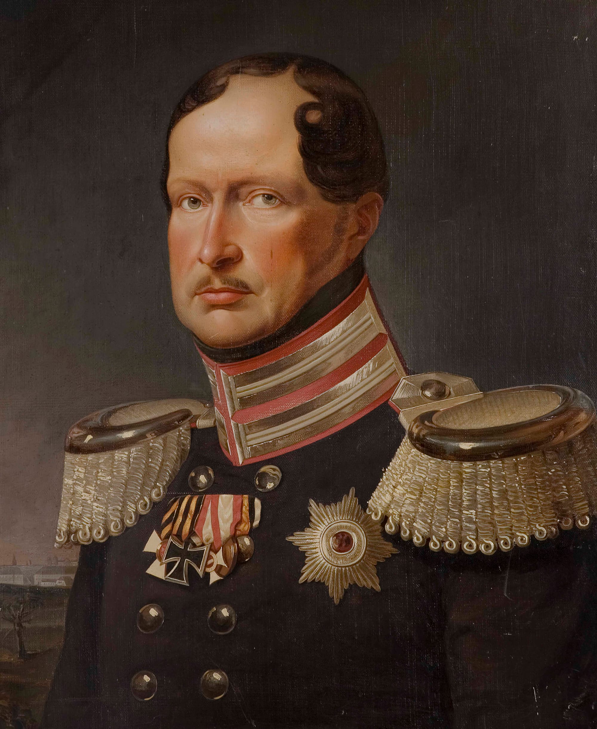 A portrait of Frederick William, capturing a serious countenance, sporting a decorated military-dress jacket with large epaulets.