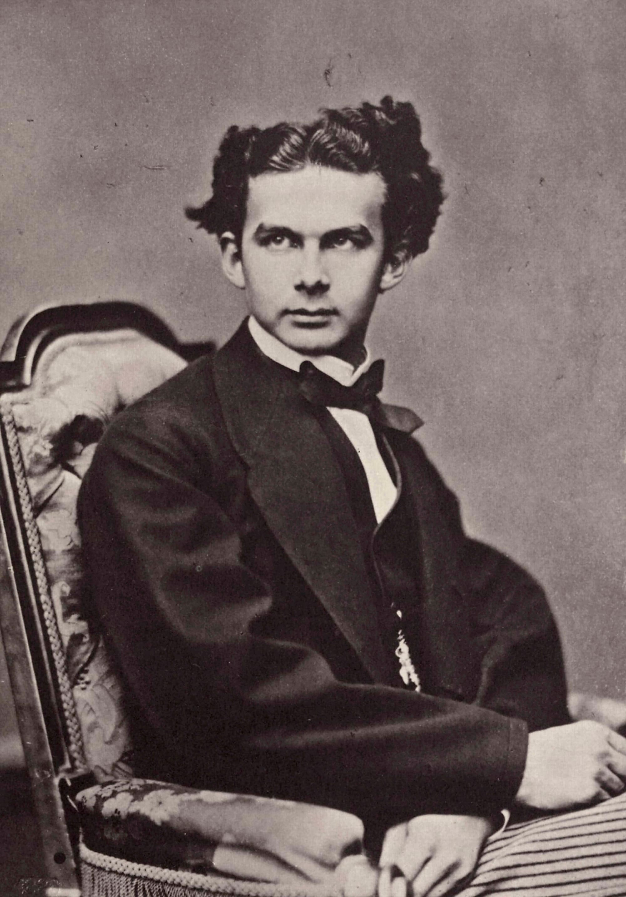 A photo of Ludwig, who had great wavy dark hair, wearing a bowtie and dark jacket, seated in an upholstered chair.
