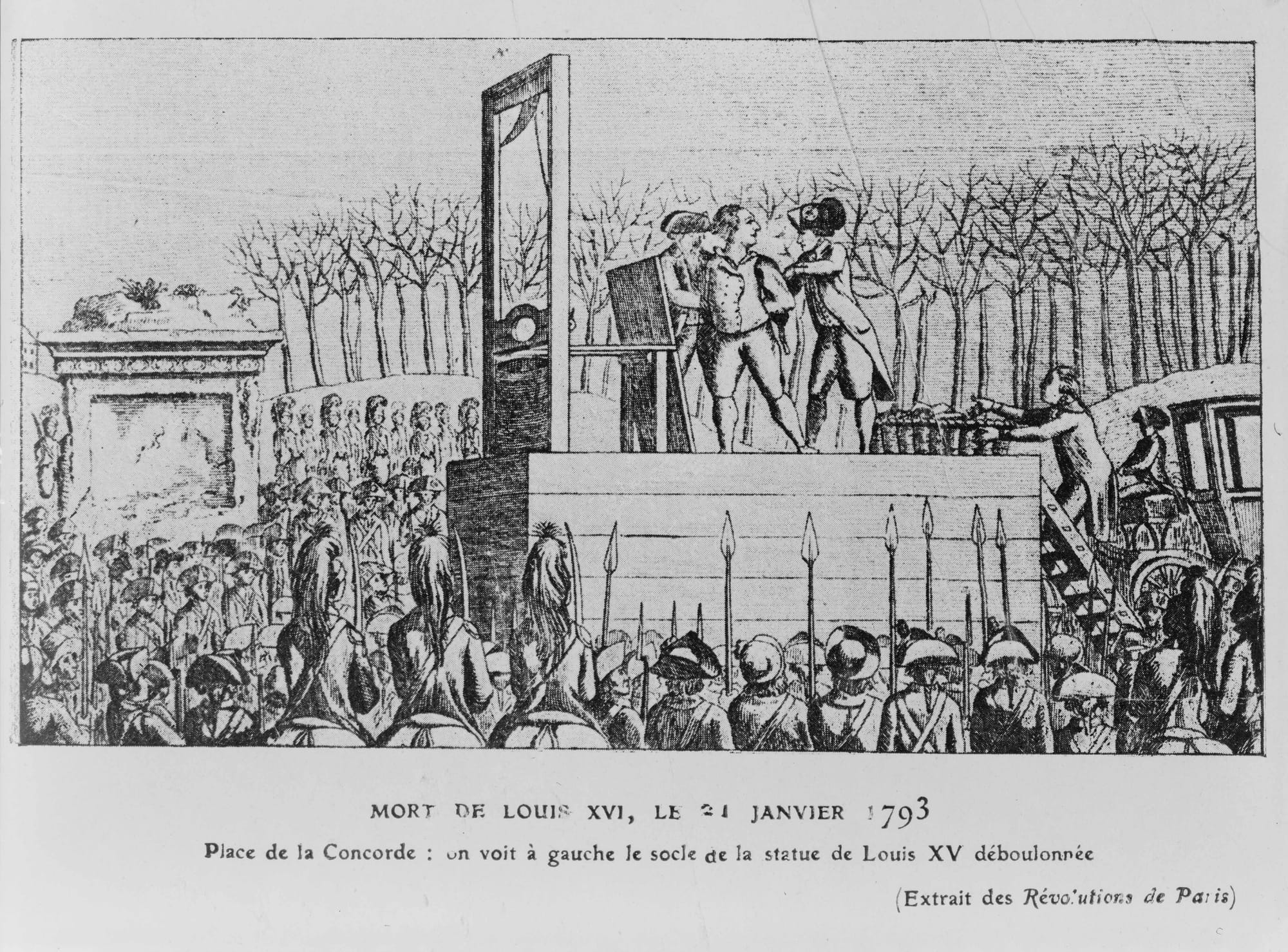 Black and white line art of the grim scene. Rows of soldiers holding spears surrounded the gallows platform as Louis is prepared for his end.