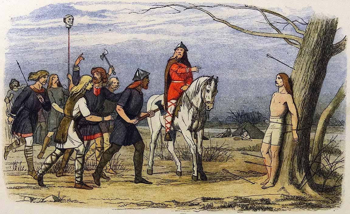 Edmund, stripped to the waste, tied to a tree and about to meet his end at the hands of about a dozen Danes