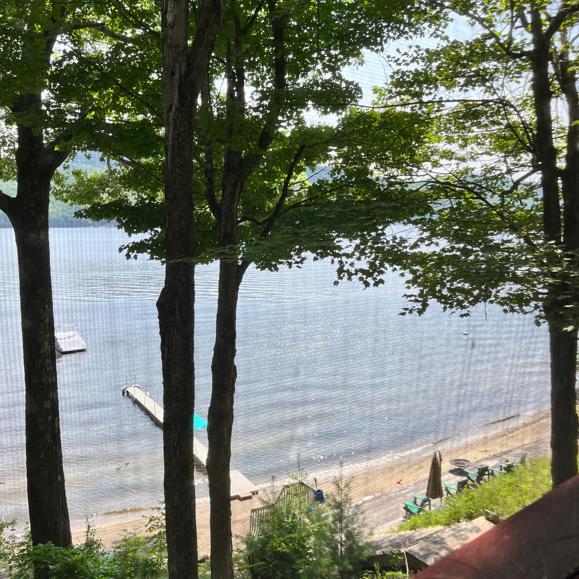 View from the screened-in porch of the Rustic Cabin and you can see the steely-blue water lake and metal dock and sandy beach and trees in the foreground