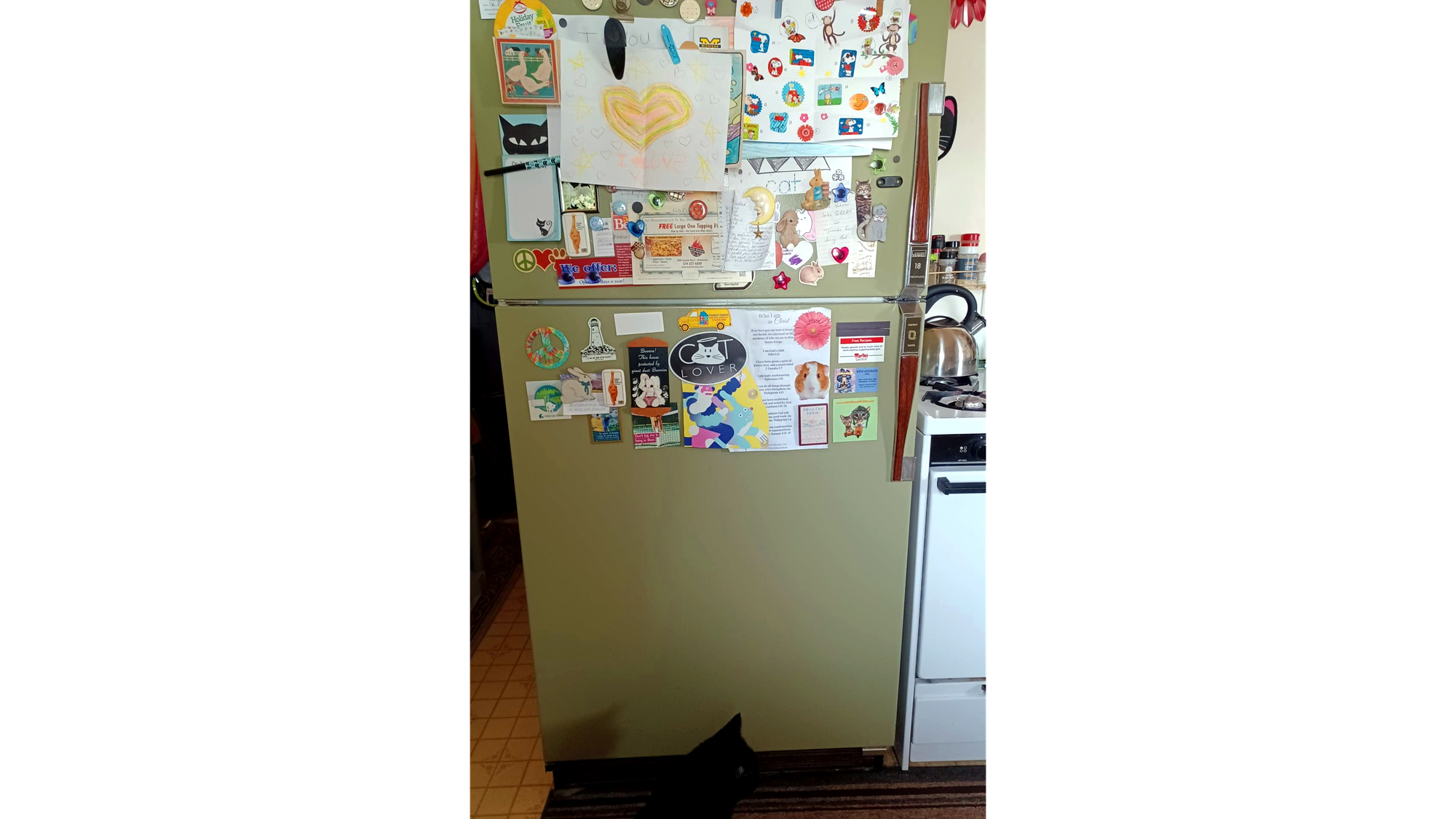 Roxy's avocado Montgomery Ward fridge with all the art and fridge magnets and notepad and inspirational writings and cat stuff and a real cat in the foreground waiting for some food