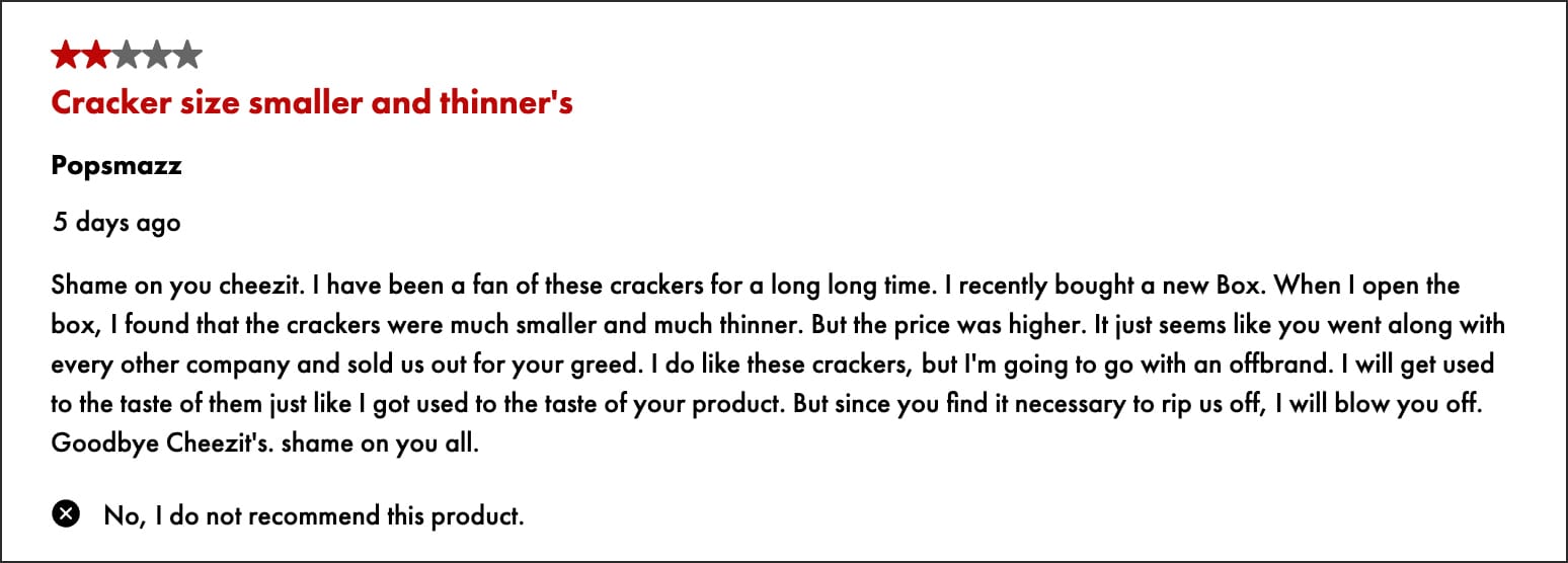 Cracker size smaller and thinner's 5 days ago Shame on you cheezit. I have been a fan of these crackers for a long long time. I recently bought a new Box. When I open the box, I found that the crackers were much smaller and much thinner. But the price was higher. It just seems like you went along with every other company and sold us out for your greed. I do like these crackers, but I'm going to go with an offbrand. I will get used to the taste of them just like I got used to the taste of your product. But since you find it necessary to rip us off, I will blow you off. Goodbye Cheezit's. shame on you all. No, I do not recommend this product.