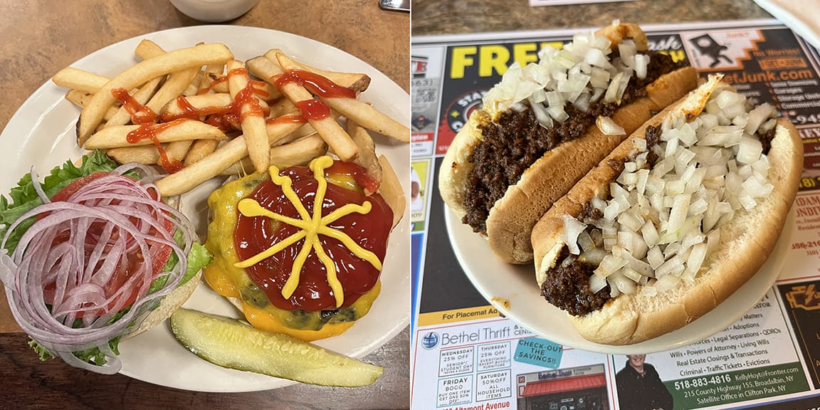 Repeat of the top image: A fully-dressed cheeseburger with lettuce tomato onion mustard and ketchup, and a pair of hotdogs with sauce and onions.