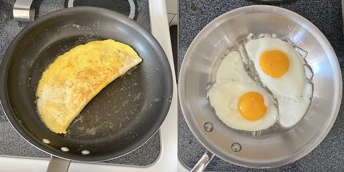 Tow pictures, one of a frypan with my lovely omelet and the other with the two fried eggs