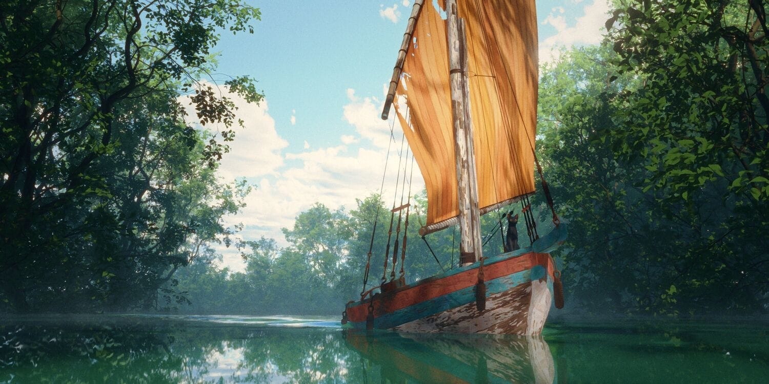 The cat on a weathered sailboat floating down a tree-lined river under a blue sky.