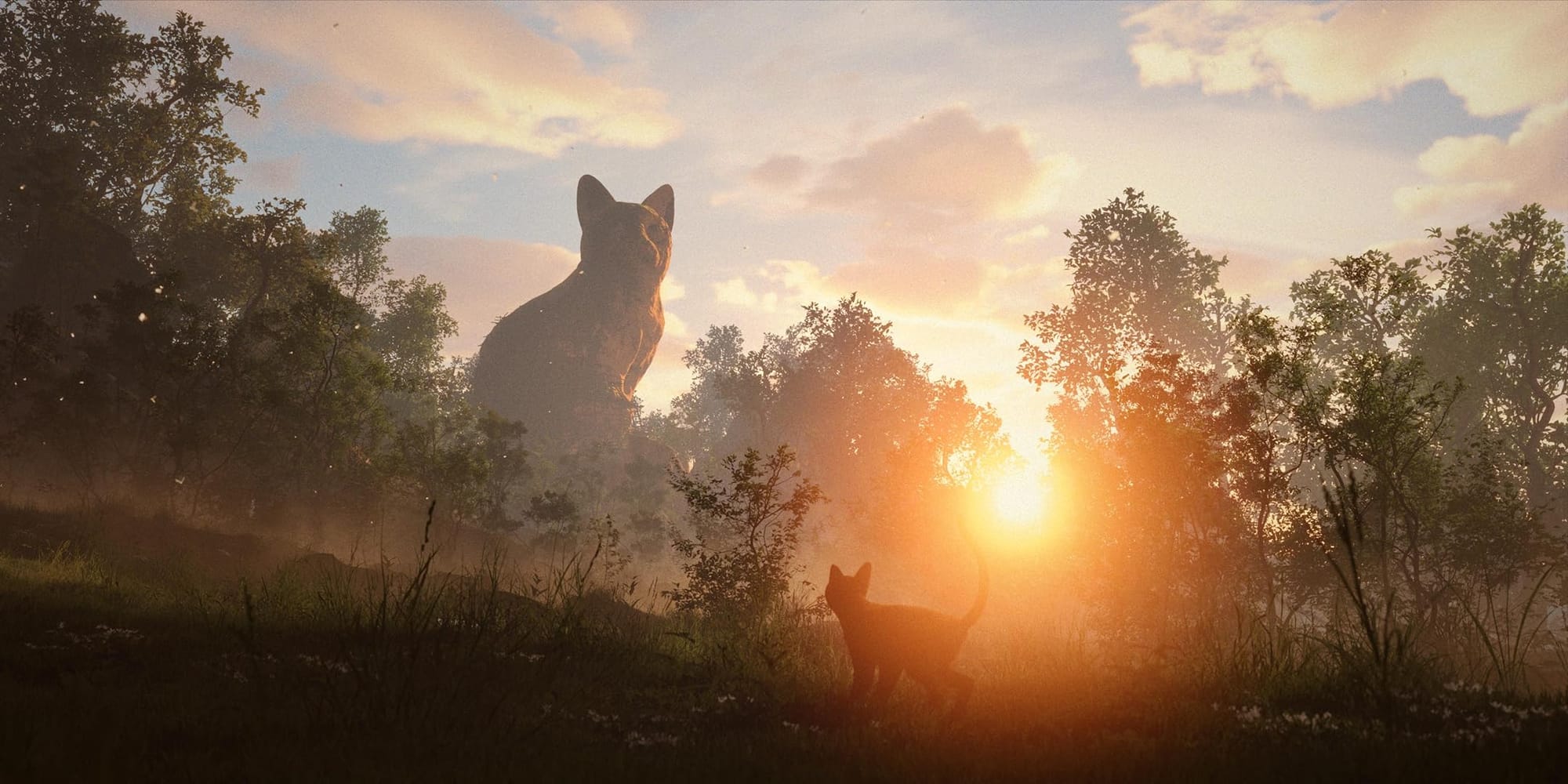 The  Cat in a wooded landscape featuring an immense cat statue backlit by the sun.