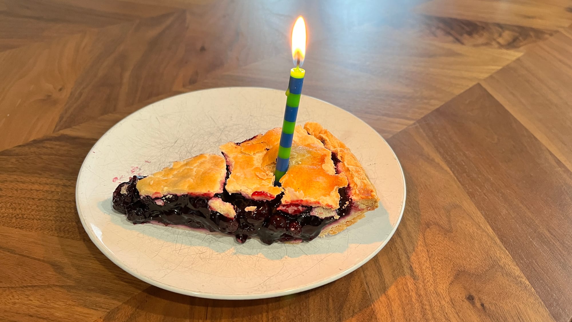 A piece of blueberry pie with a birthday candle on it for my birthday this year.