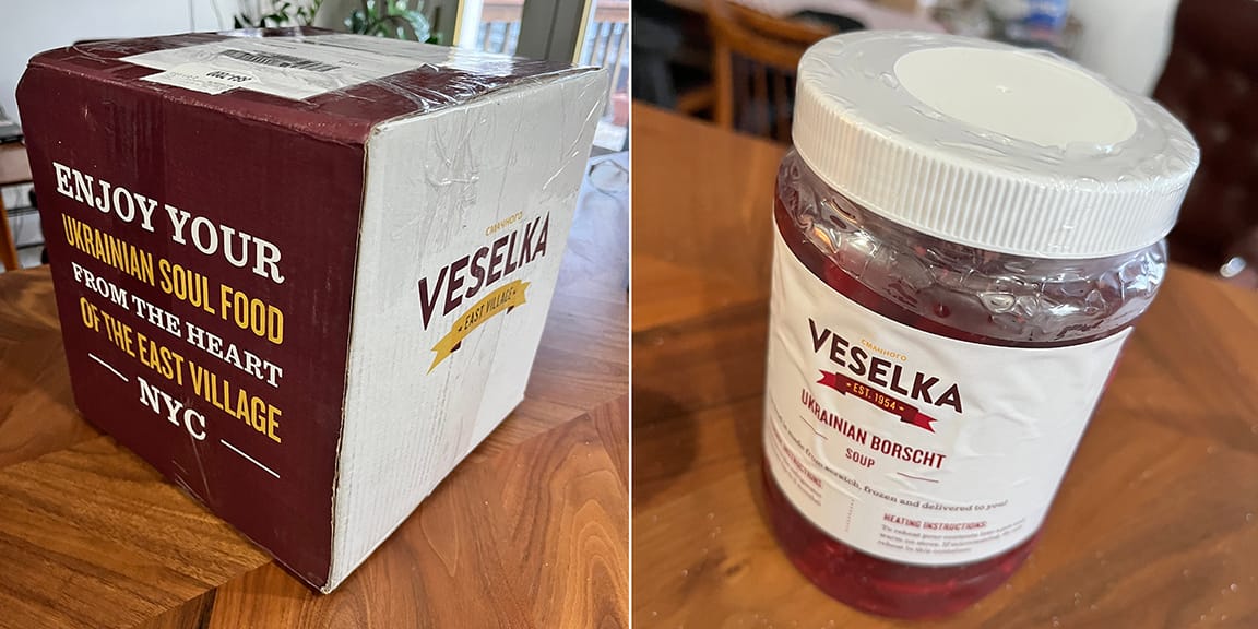 VESELKA shipping box: ENJOY YOUR UKRAINIAN SOUL FOOD FROM THE HEART OF THE EAST VILLAGE NYC. Also a jar of the UKRAINIAN BORSCHT.