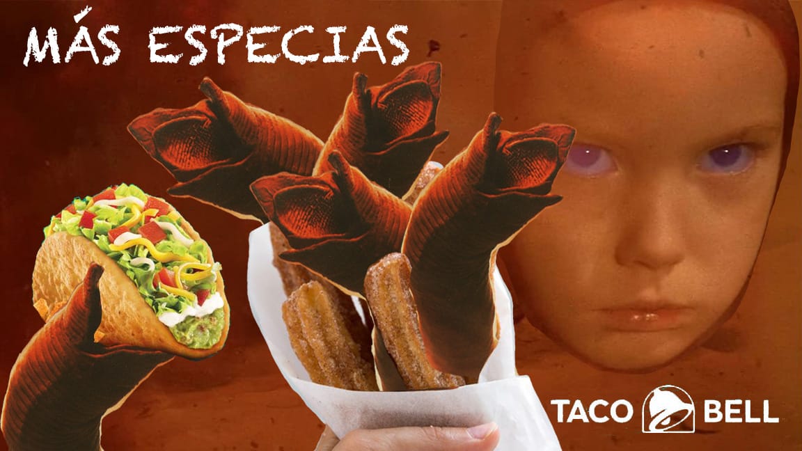 PHOTO ILLUSTRATION TACO BELL TACOS AND A TACO BELL LOGO AND SOME CHURROS AND SOME SANDWORMS FROM DUNE AND ALICIA WITT AS THE SCARY CHILD ALIA IN THE BACKGROUND 