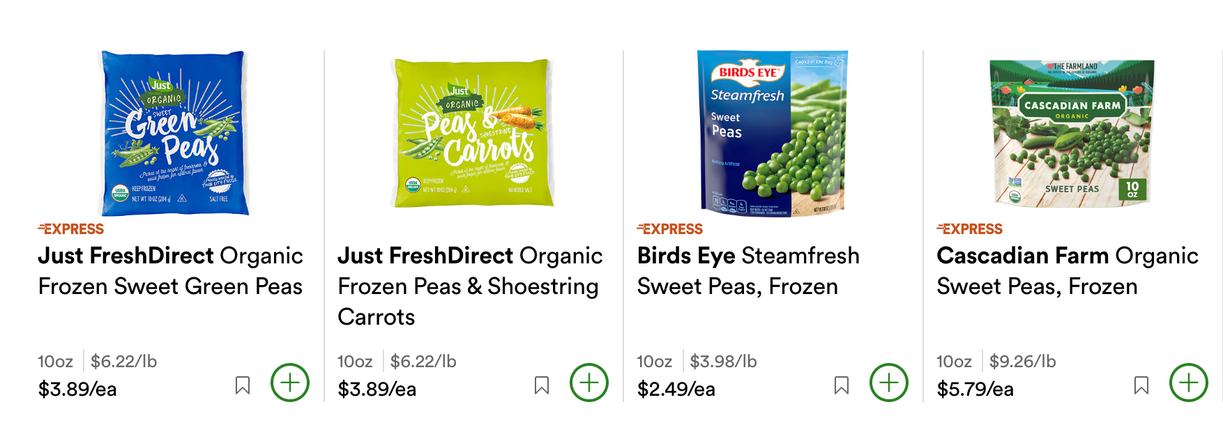 Screenshot of the choices for FROZEN PEAS, brands such as Just FreshDirect ($3.89), Birds Eye$2.49), and Cascadian Farm ($5.79), all in 10 oz. bags