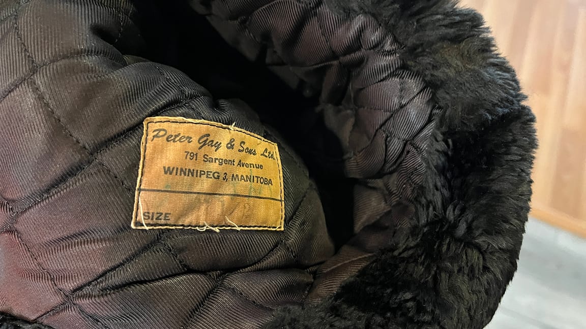 Inside of hat label: "Peter Gay & Sons Ltd. 791 Sargent Avenue WINNIPEG 3, MANITOBA