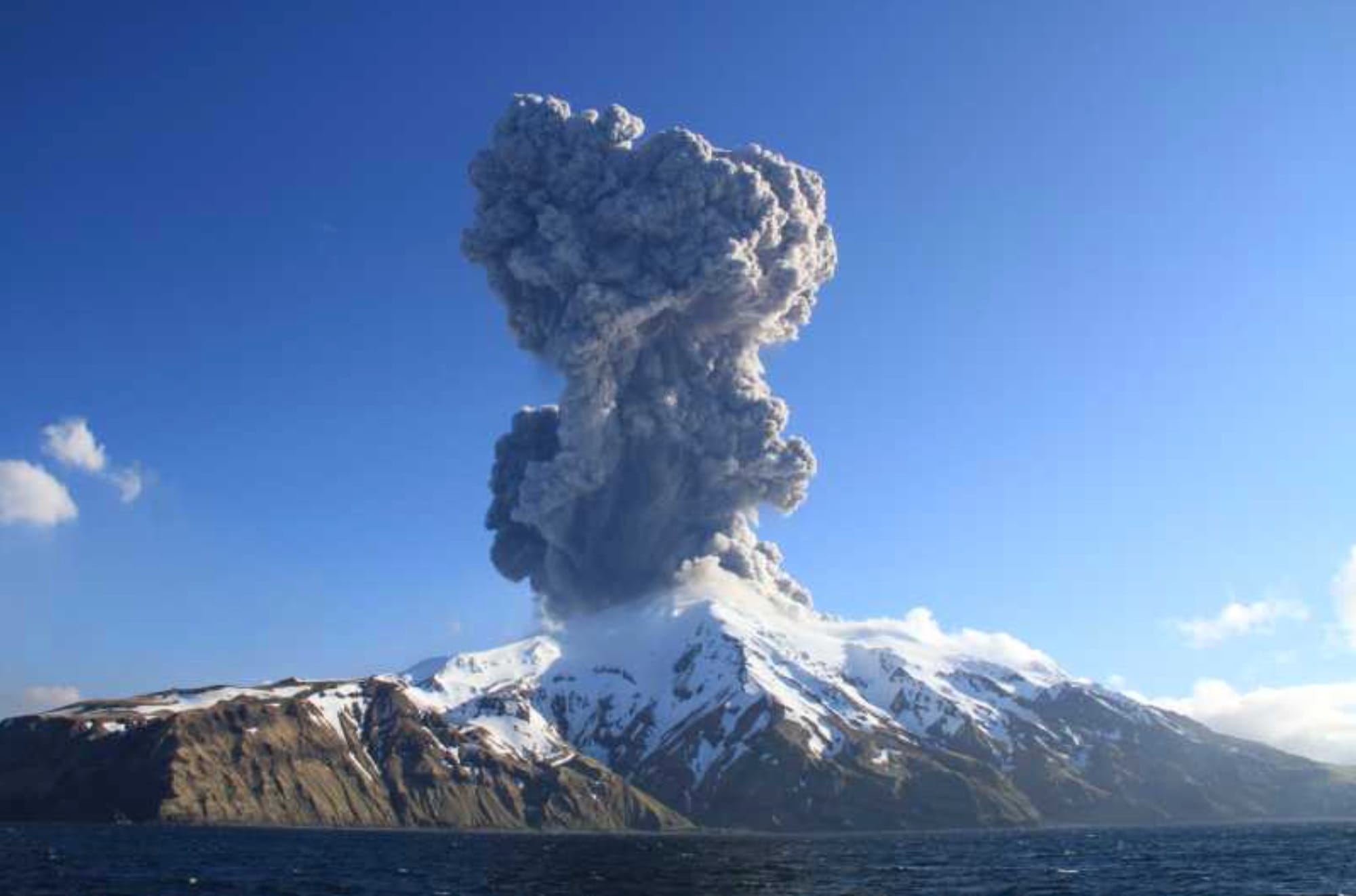 This image shows a gray eruption column in the center exploding out of a snowy peak on a green island, taken from the ocean on a very sunny evening with hardly any clouds.