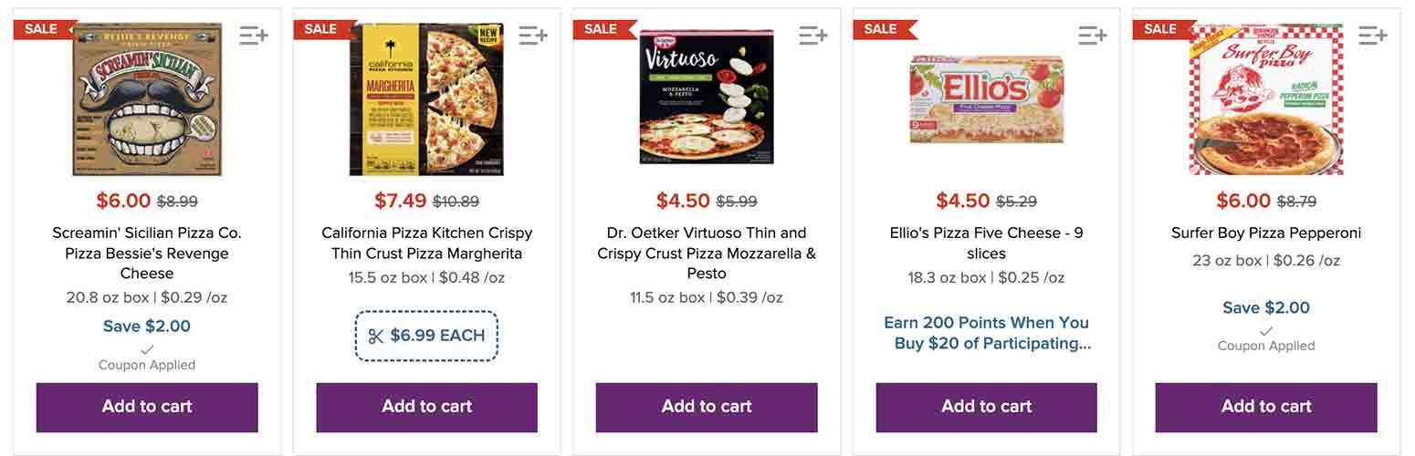 Screenshot of frozen pizzas from grocery site: SCREAMIN' SICILIAN - CALIFORNIA PIZZA KITCHEN - DR. OETKER - ELLIO'S - SURFER BOY