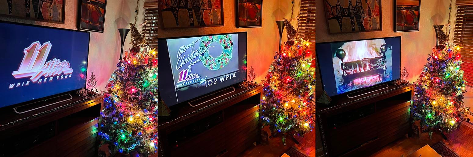 Three images of tv screen next to a Christmas tree: first image "11 Alive" logo, second image "Merry Christmas from 11 alive WPIX and 102 WPIX," third image yule log burning