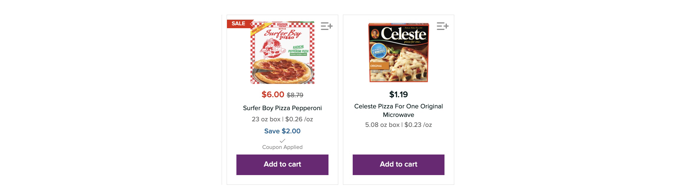 Screenshot from grocery site, Surfer Boy box and Celeste box