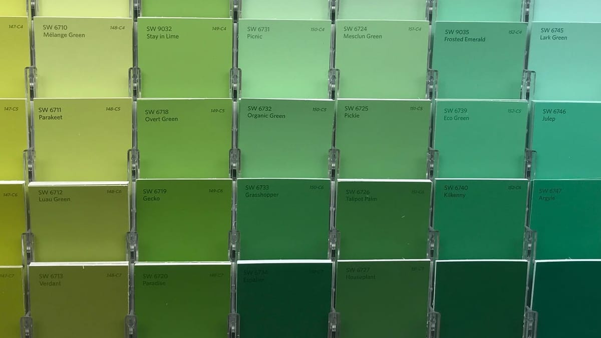 Paint chips: SW6710 Mélange Green, SW6711 Parakeet, SW 6712 Luau Green, SW6713 Verdant, SW9032 Stay in Lime