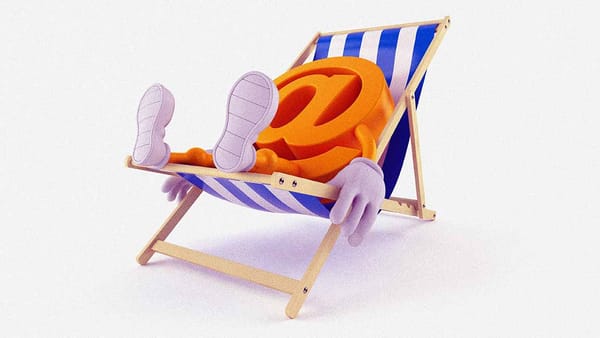 An anthropomorphic atsign (@) with white gloves and sneakers relaxing in a blue-and-white striped beach chair