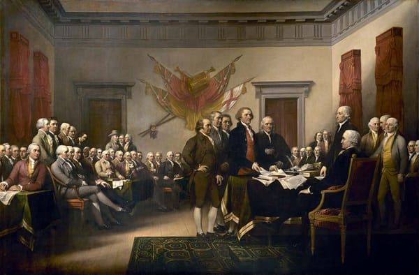 Depicting the five-man drafting committee of Declaration of Independence presenting their work to Congress. 