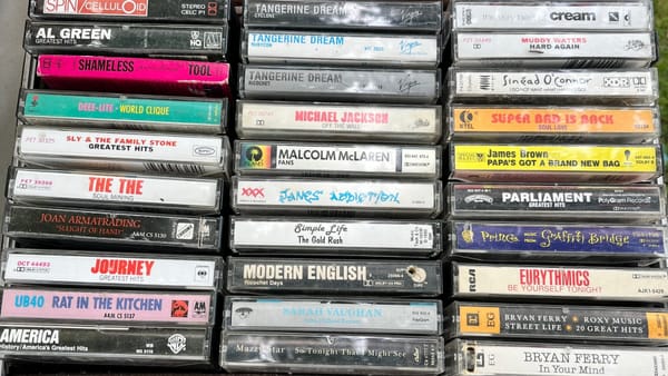 Cassette tapes on offer at a yard sale: CREAM, MUDDY WATERS, MAZZY STAR, THE THE, UB40, JOURNEY, JAMES BROWN, DEEE-LITE