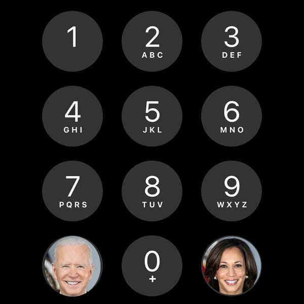 Image of a cellphone keypad layout with Biden and Harris in the "*" and "#" circles flanking the "0" key.