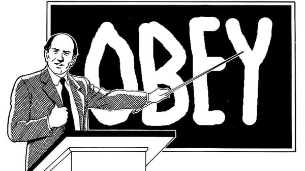 Clipart of a teacher pointing at a blackboard that has been altered to read OBEY