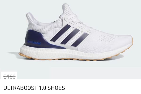 An Adidas ULTRABOOST shoe from the Adidas site with the price crossed out