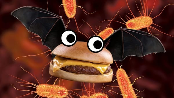 A CHEESEBURGER WITH GOOGLY EYES AND BAT WINGS IN FRONT OF LISTERIA GERMS! SCARY!