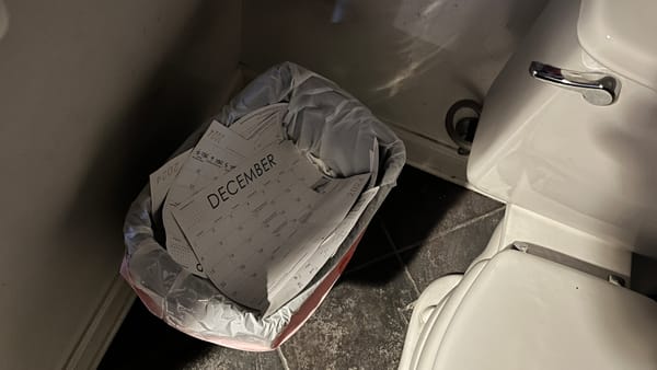 A bathroom trash can containing 2024 calendar pages with DECEMBER on the top