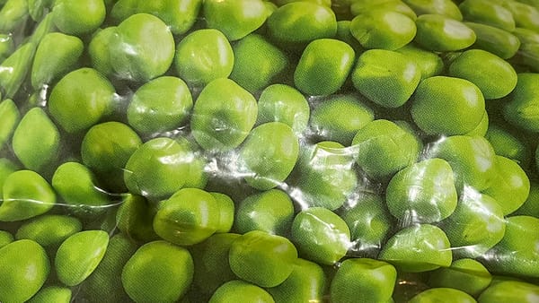 Detail of a photos of a wrinkled bag of frozen peas cropped to a pile of peas