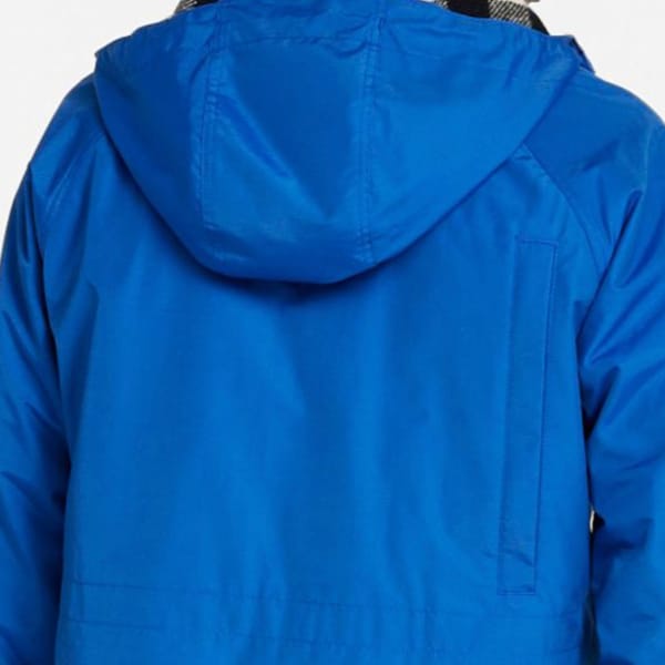 Rear view of blue parka with the vertical "game pocket" visible on the back of the coat to the right