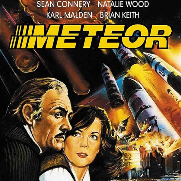 Movie poster painting of Sean and Natalie and meteors and missiles and buildings getting METEOR-ed