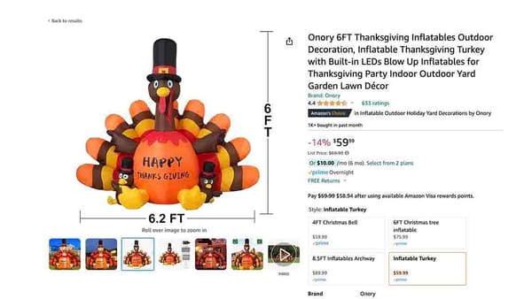 Detail of Amazon page for ONORY 6FT Thanksgiving inflatables outdoor decoration, 6ft tall by 6.2 ft wide